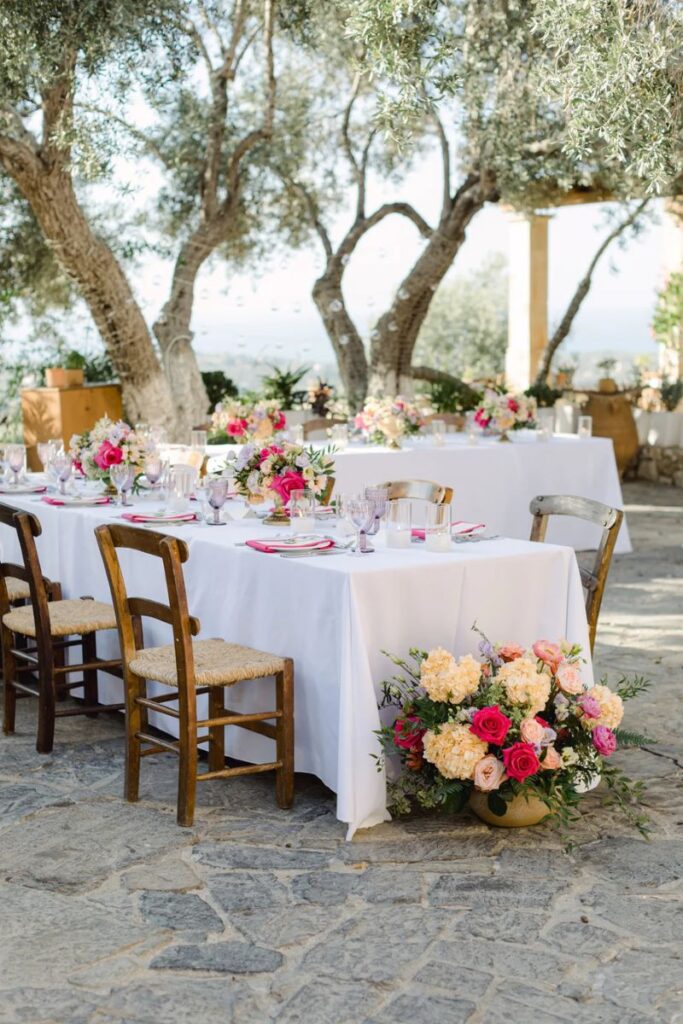 Elegant destination wedding reception flowers at Agreco Farm in Crete designed by Oniranthi Floral Designers