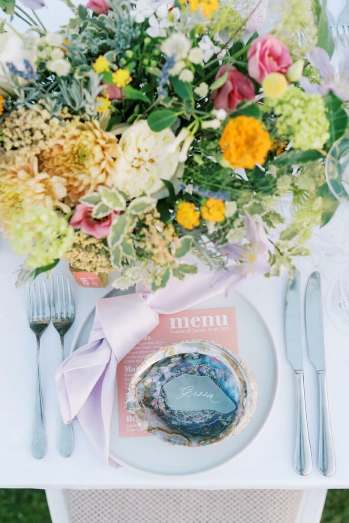 Colorful, Elegant floral setting for destination wedding in Crete, designed by Oniranthi Florals