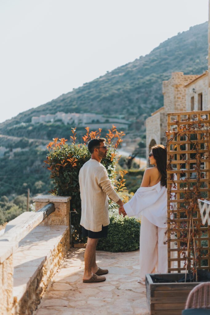 Brazzo di Maina Weddings-couple just married on Honeymoon in Oitilo, Mani