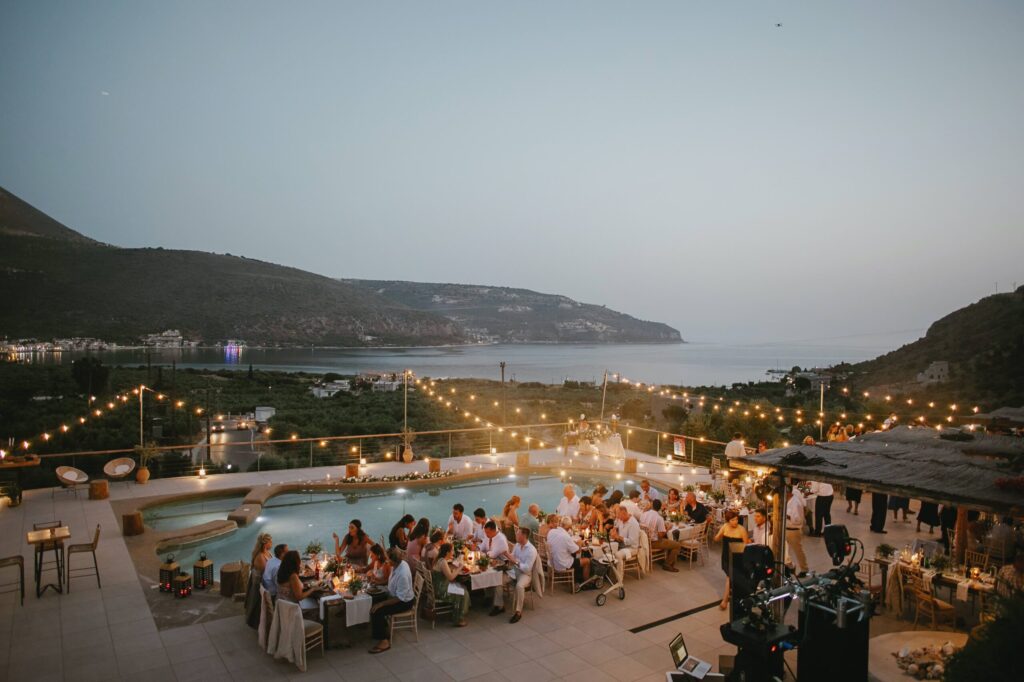 Brazzo di Maina wedding reception with view of Oitylo Bay
