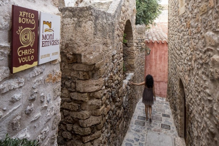 Romantic strolls through the stone-paved alleys by Moni Emvasis Luxury Suites in Monemvasia