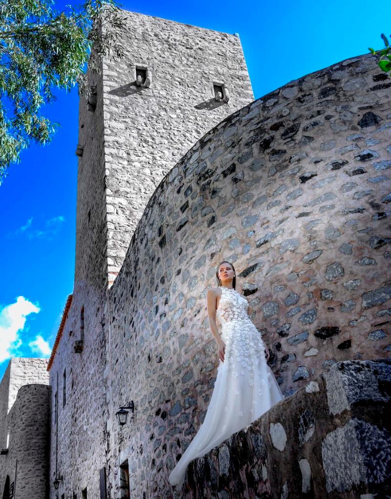 Arapakis Castle Wedding beautiful bride standing on Tower