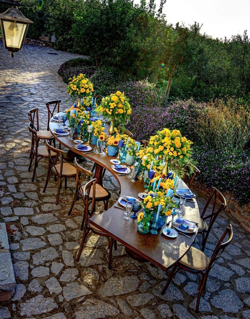 Arapakis Castle Wedding Reception table with beautiful flower decorations